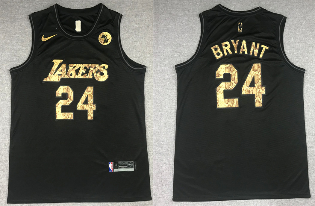 Men's Los Angeles Lakers #24 Kobe Bryant Black Mamba Snake With Gold KB Patch And Number Stitched NBA Jersey